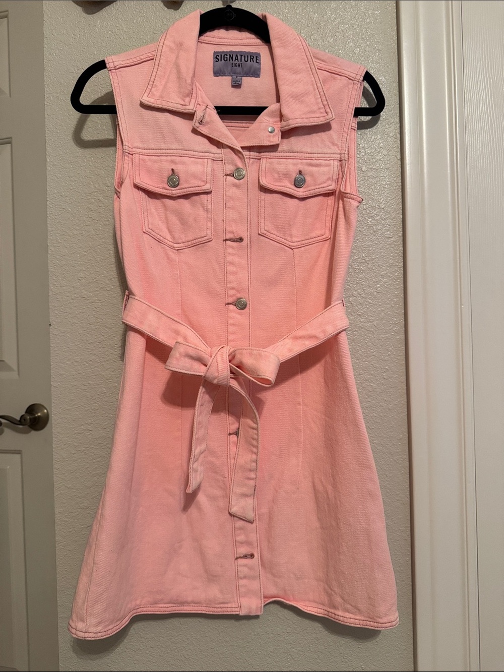 Signature Eight Pink Sleeveless Denim Dress with Tie Belt